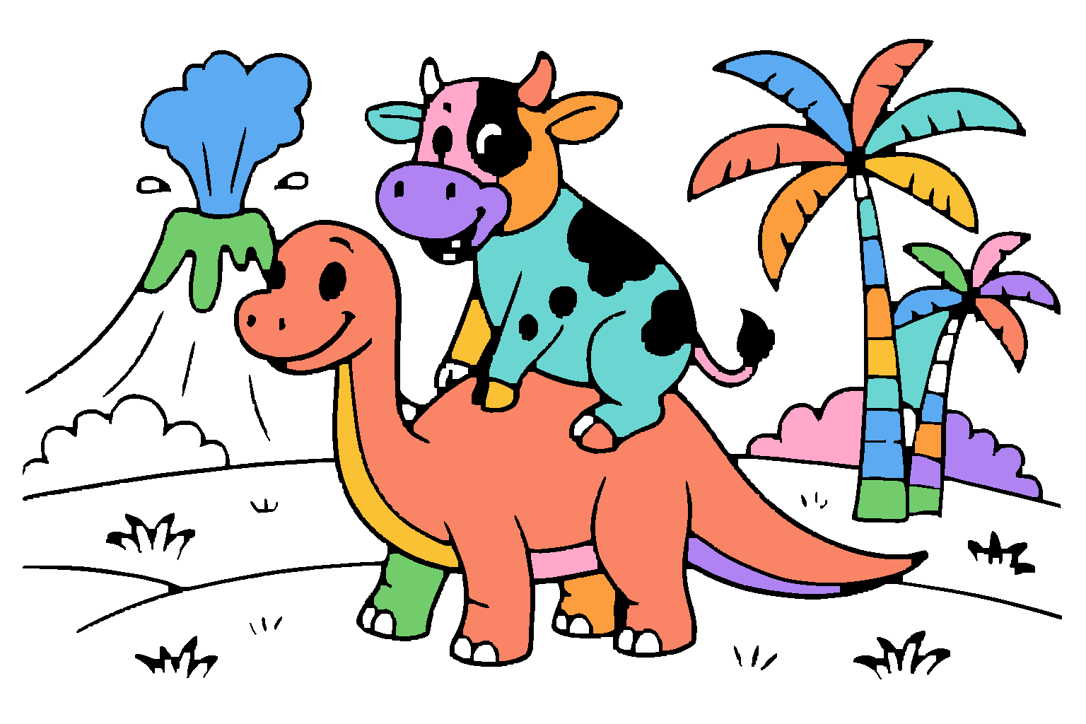A Moodoodle coloring page: a cow riding a dinosaur, colored in.