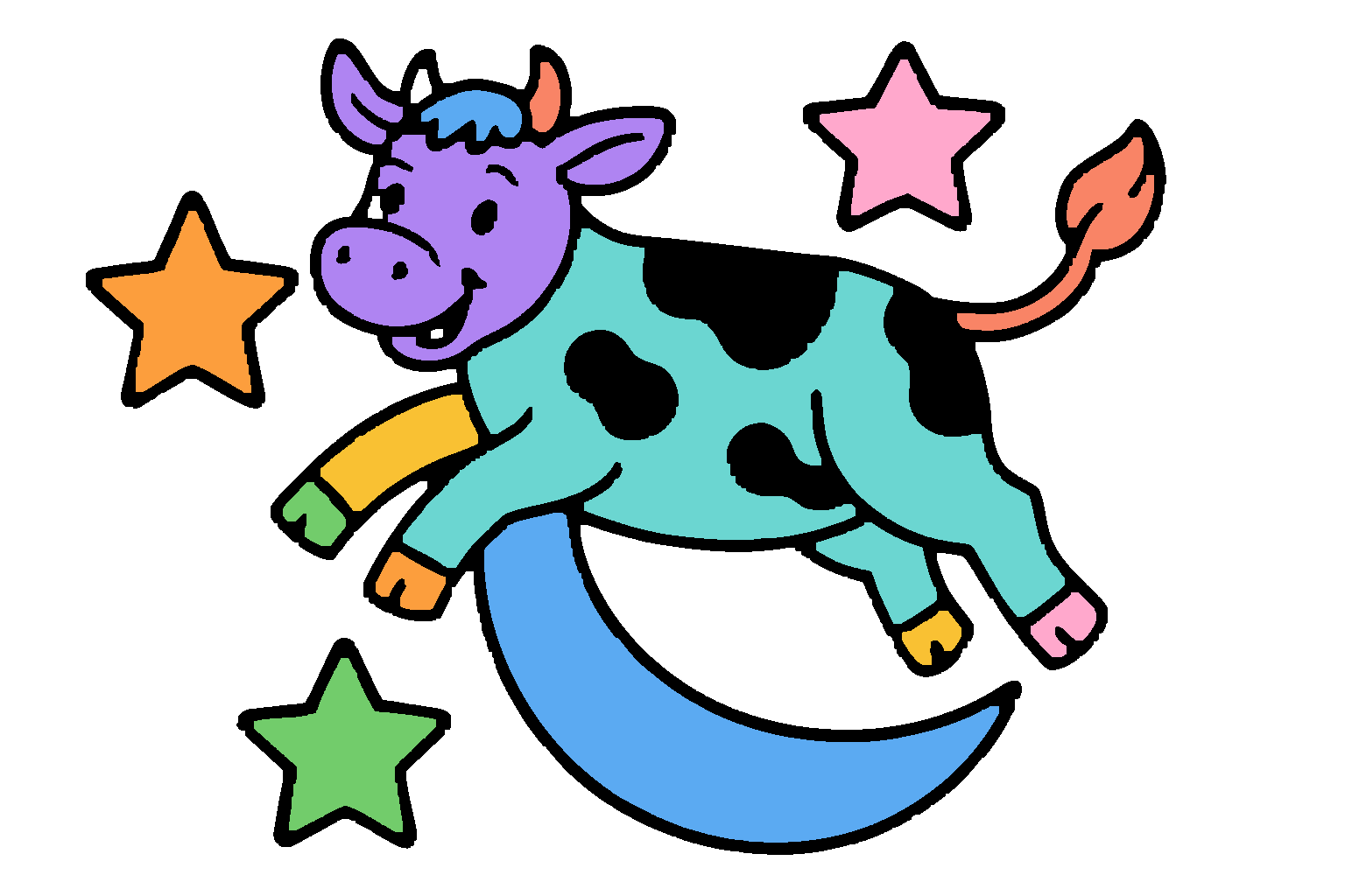 A Moodoodle coloring page: a cow jumping over the moon, colored in.