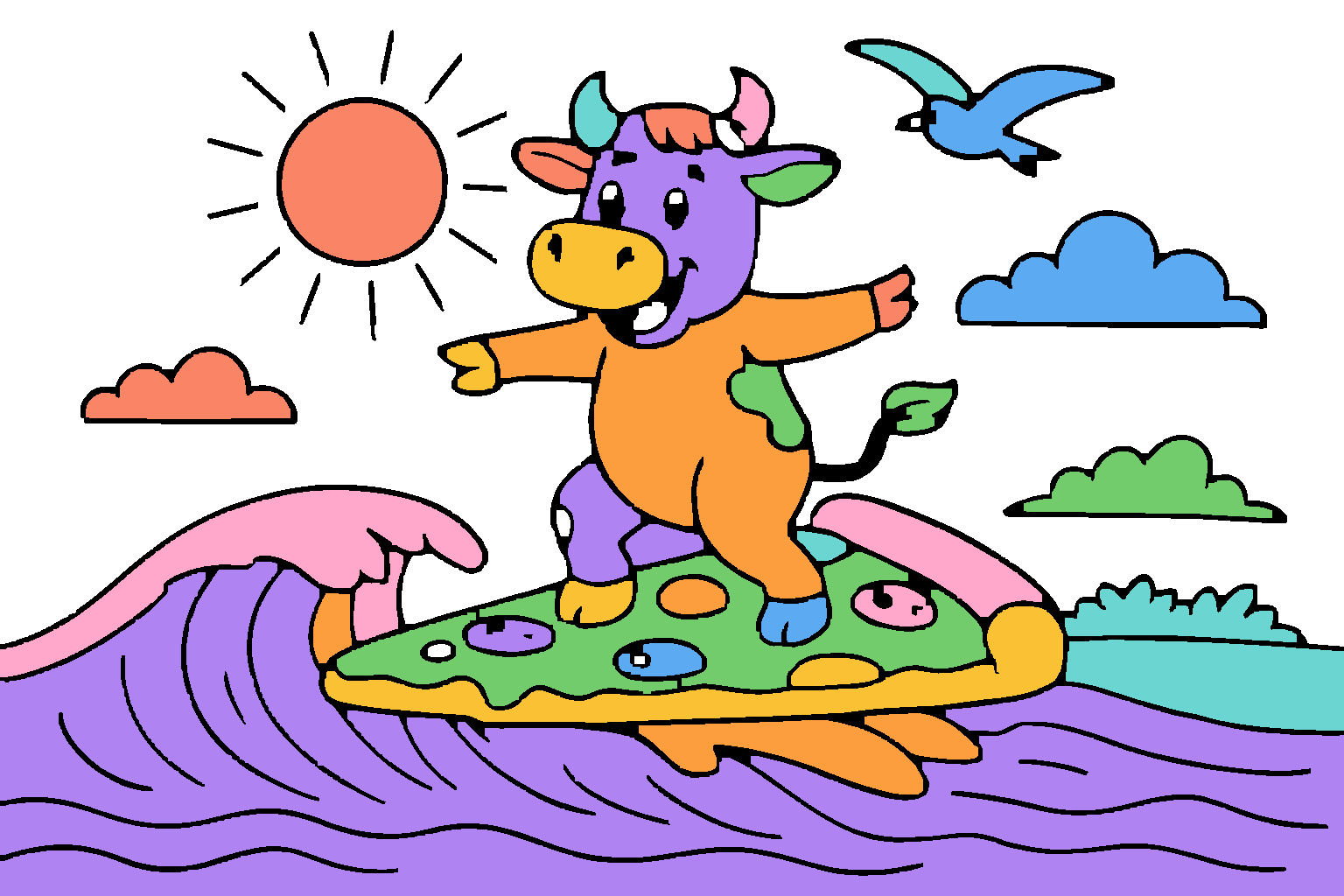 A Moodoodle coloring page: a cow surfing on a pizza, colored in.