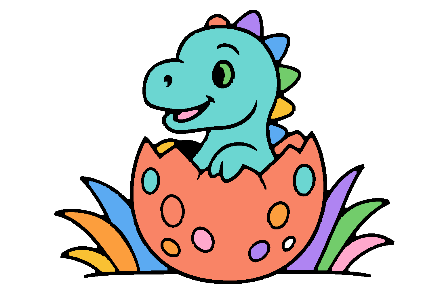 A Moodoodle coloring page: a baby dinosaur hatching, colored in.