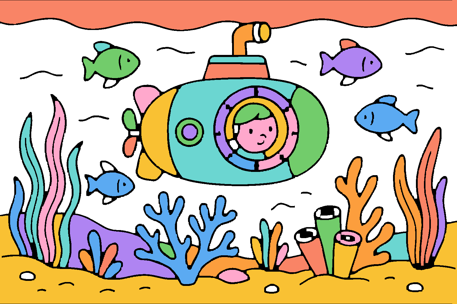 A Moodoodle coloring page: a submarine in a coral reef, colored in.