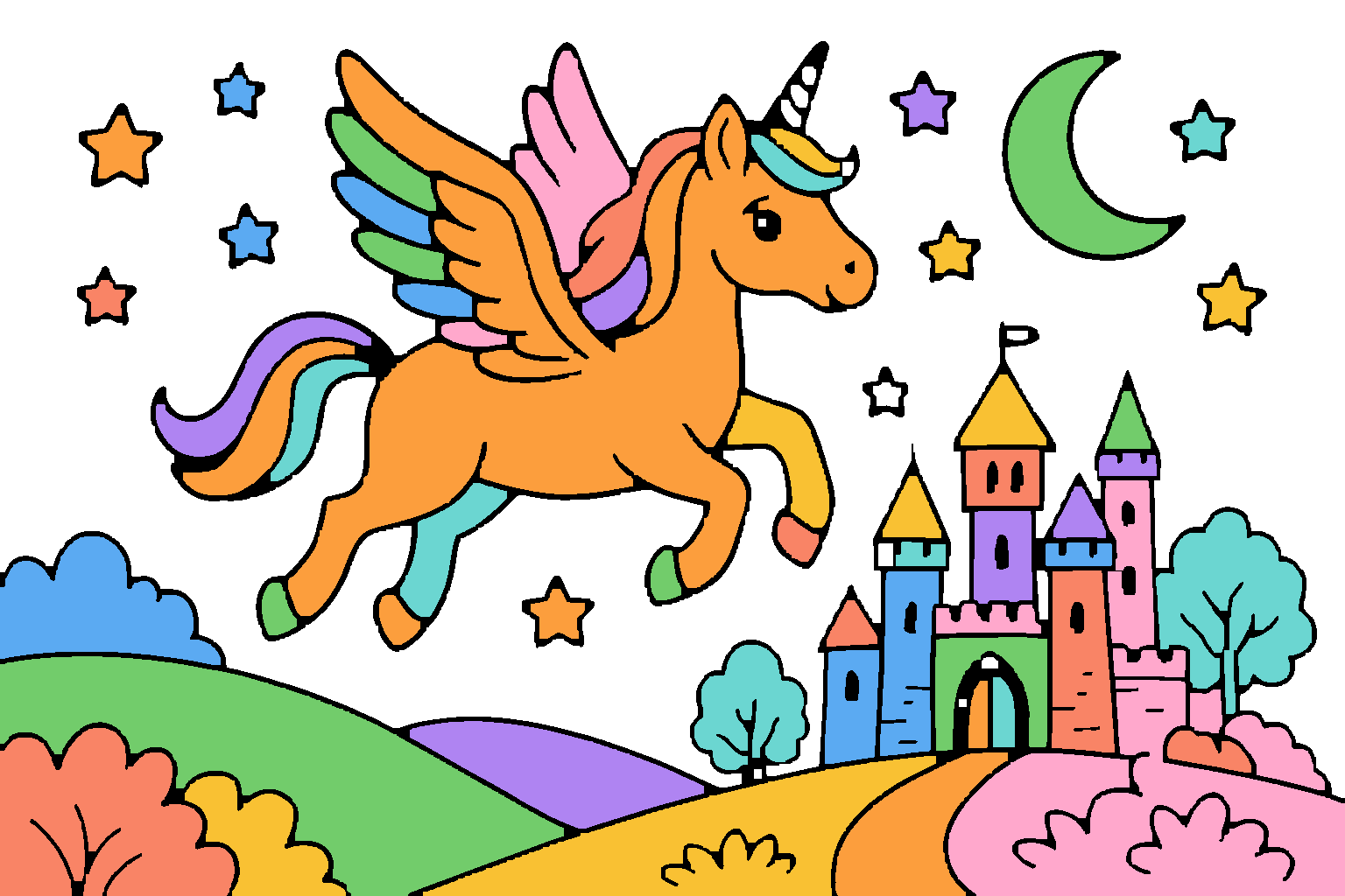 A Moodoodle coloring page: a flying unicorn over a castle, colored in.