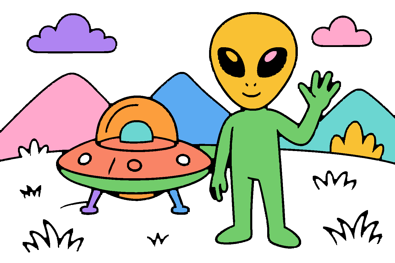 A Moodoodle coloring page: a friendly alien and its spaceship, colored in.
