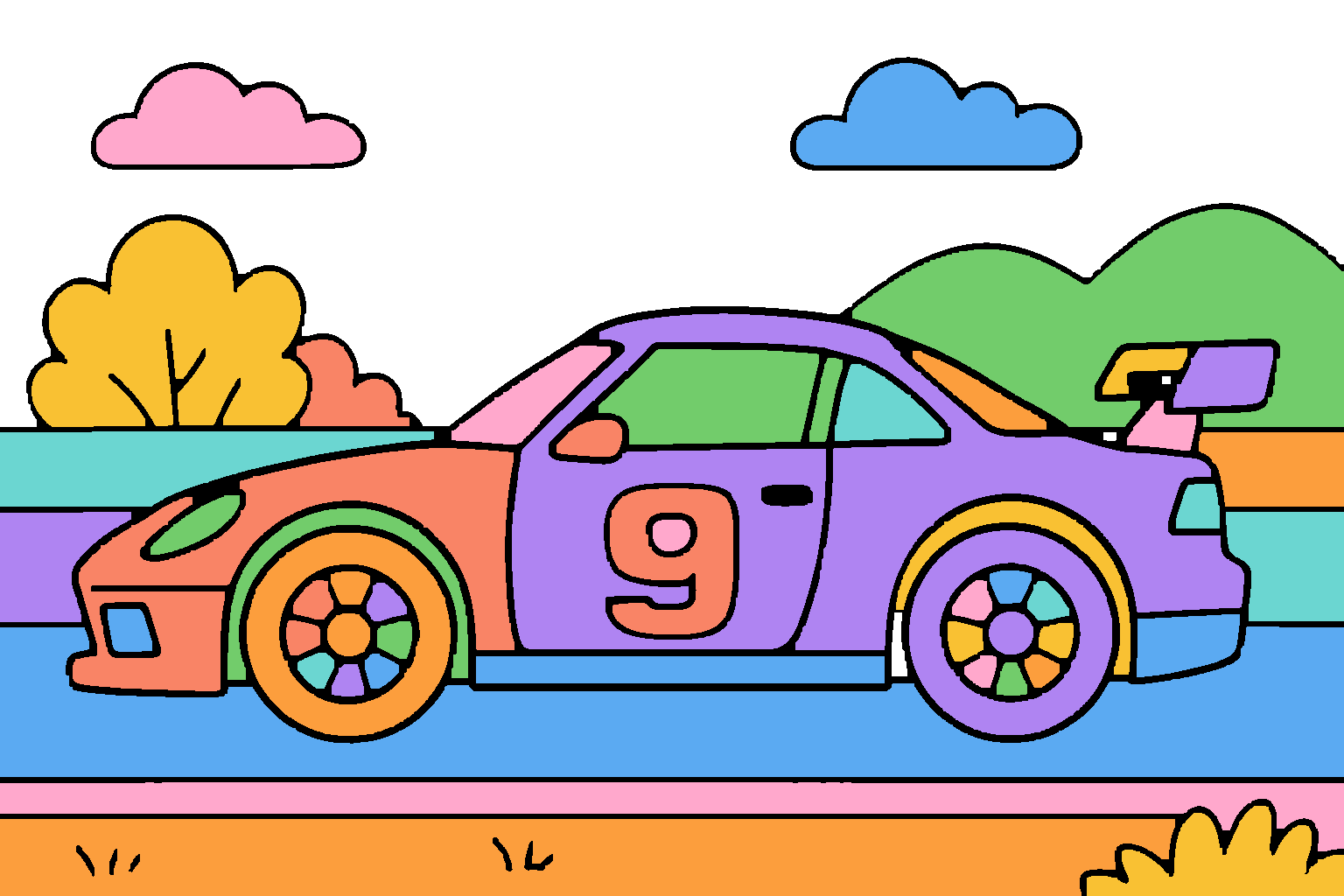 A Moodoodle coloring page: a race car with a big number 9, colored in.